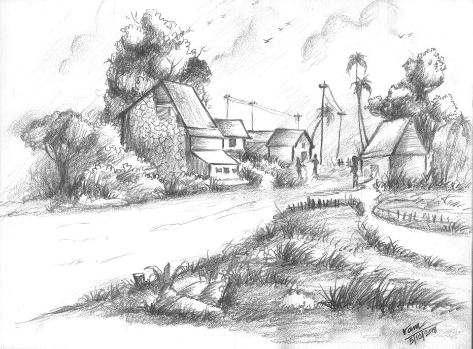 Picture Name: Village
Medium: Pencil Drawing in Handmade Paper